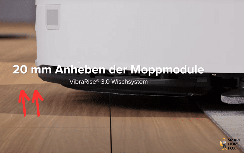 Der Wischmopp wird beim Befahren eines Teppichs um 20 mm angehoben.